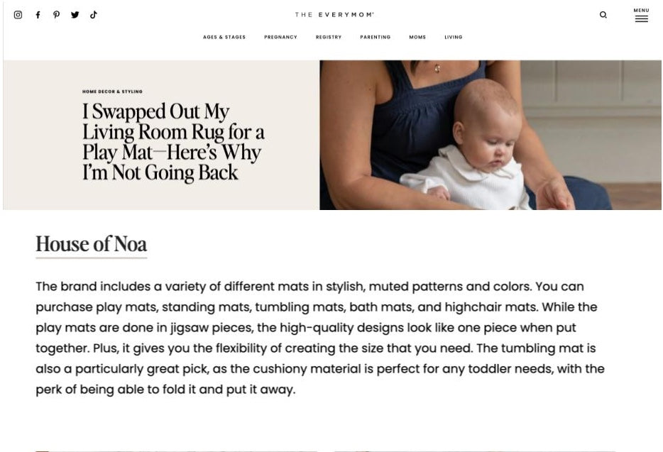 Screen grab of The Everymom article featuring House of Noa titled "I Swapped Out My Living Room Rug for a Play Mat—Here’s Why I’m Not Going Back"