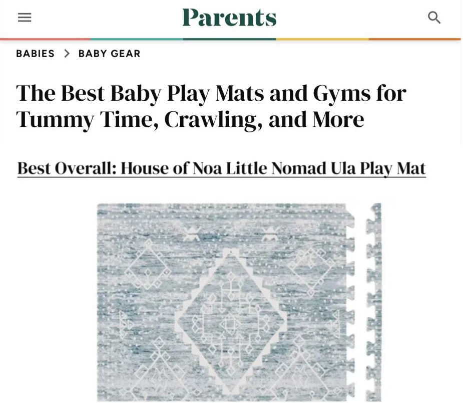 Screenshot of Parents article titled "The Best Baby Play Mats and Gyms for Tummy Time, Crawling, and More" featuring the House of Noa Ula Play Mat as the overall pick