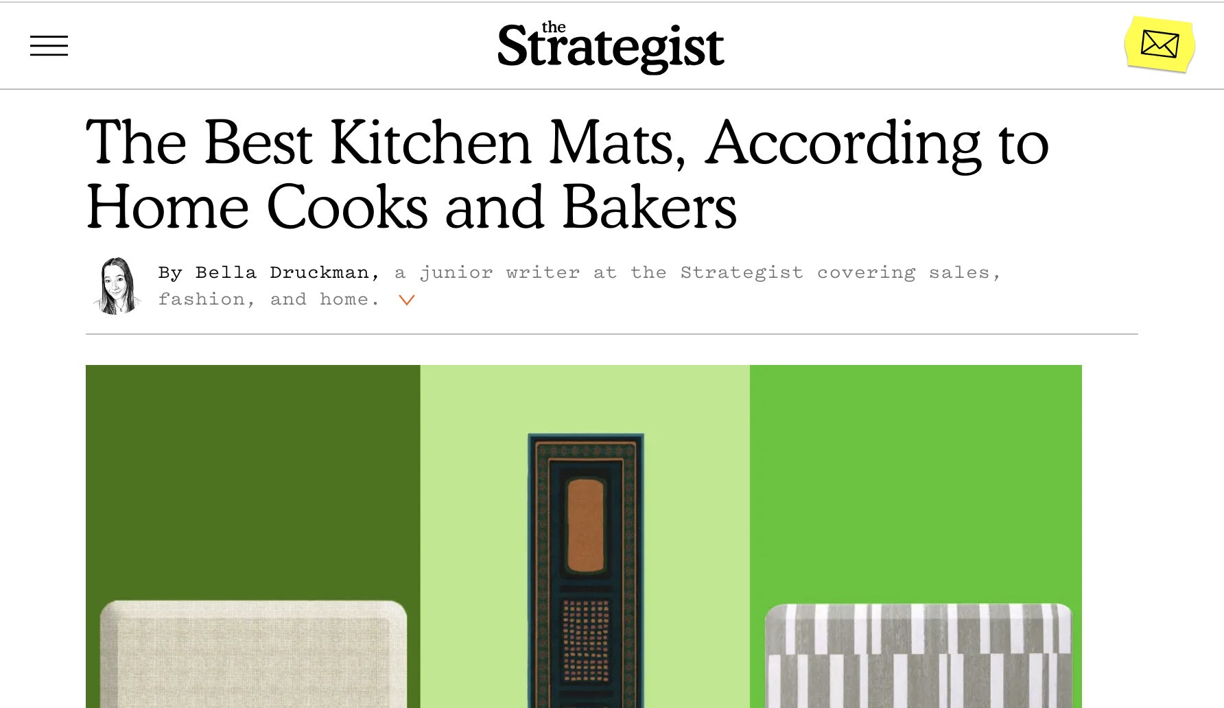 A screenshot of an article from The Strategist titled "The Best Kitchen Mats, According to Home Cooks and Bakers" featuring the House of Noa Nama Standing Mat in Basil