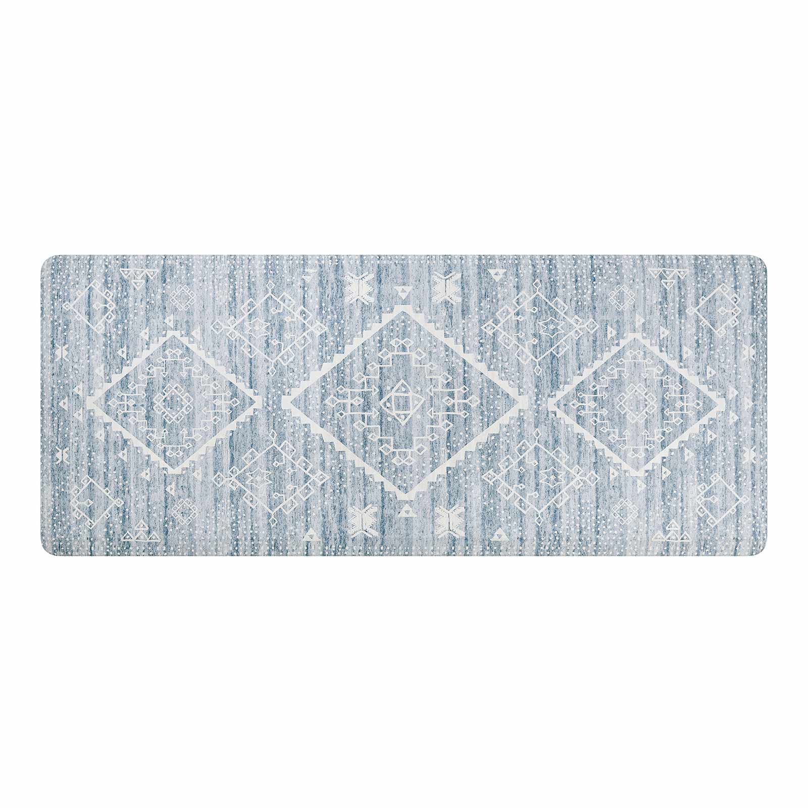 Ula blue and white boho print standing mat shown in size 30x72