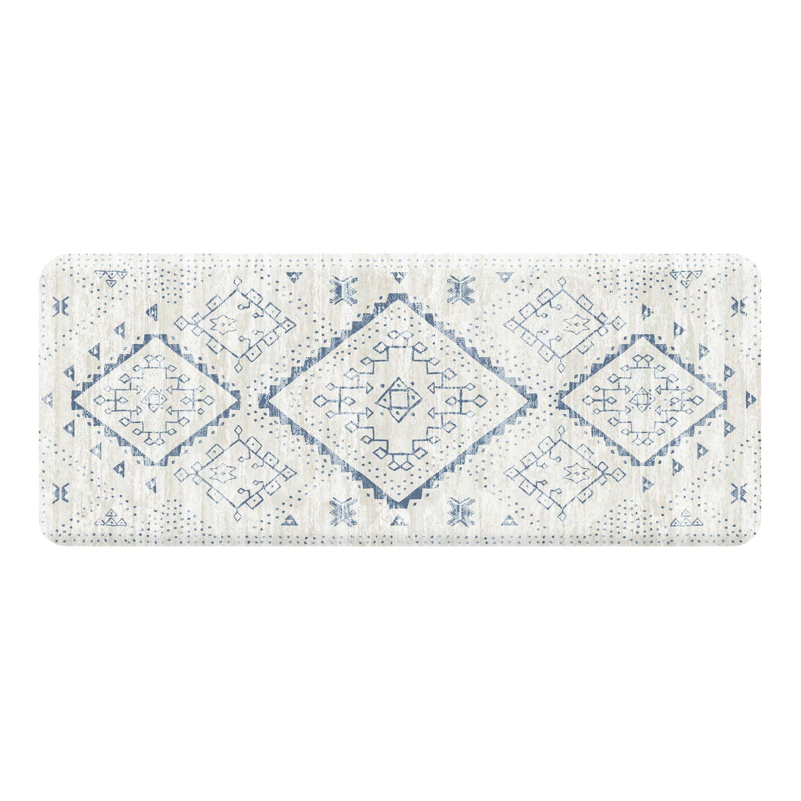 Ula Windmill blue and white boho print standing mat shown in size 22x54