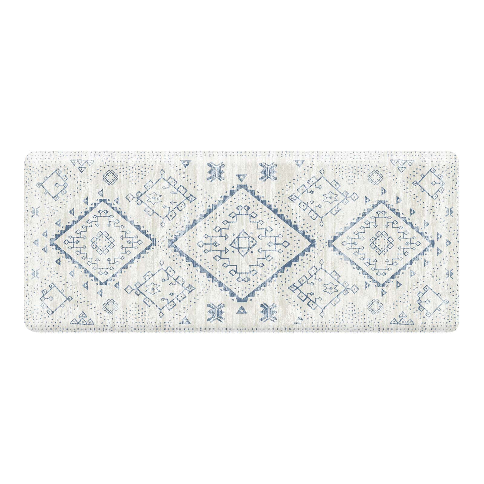 Ula Windmill blue and white boho print standing mat shown in size 30x72